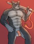  absurd_res anthro canid canine canis flaccid foreskin genitals hi_res humanoid_genitalia male mammal melee_weapon muscular penis quicktoneart solo standing sword warrior weapon wolf 