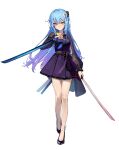  1girl absurdres ankle_bow bangs bare_legs beads black_footwear bow breasts closed_mouth dot_nose dress gradient_hair hair_ornament high_heels highres holding holding_sword holding_weapon katana light_blue_hair long_hair looking_at_viewer medium_breasts multicolored_hair original purple_dress purple_hair simple_background solo standing sword tachi-e two-tone_hair unsheathed weapon white_background white_bow yellow_eyes yoon_cook 