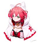  1girl absurdres ahoge animal_ears bell breasts cleavage collar fake_animal_ears flower green_eyes hair_flower hair_ornament highres hololive hood jingle_bell large_breasts neck_bell pink_hair portrait sakura_miko signature solo two_side_up virtual_youtuber yo_na 