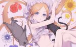  1girl abigail_williams_(fate) abigail_williams_(swimsuit_foreigner)_(fate) absurdres bangs bare_shoulders bikini black_cat blonde_hair blue_eyes blush bonnet bow breasts cat daisi_gi fate/grand_order fate_(series) flower forehead hair_bow highres long_hair looking_at_viewer lying navel on_side parted_bangs sidelocks small_breasts swimsuit thighs twintails very_long_hair white_bikini white_bow white_headwear 