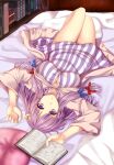  1girl bed blue_bow book bookshelf bow breasts buttons cleavage commentary crescent crescent_hair_ornament dress hair_bow hair_ornament highres large_breasts long_hair looking_at_viewer lying no_headwear on_back on_bed open_book parted_lips partially_unbuttoned patchouli_knowledge pillow purple_eyes purple_hair red_bow solo striped striped_dress thighs touhou zatma0041 