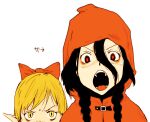  1boy 1girl akazukin_(tokyo_akazukin) black_hair blonde_hair bow braid capelet fangs hair_between_eyes hair_bow hood hood_up long_hair looking_at_viewer luca_(tokyo_akazukin) open_mouth pointy_ears red_bow red_capelet red_eyes red_hood simple_background tamaoki_benkyou teeth tokyo_akazukin tongue twin_braids upper_body white_background 