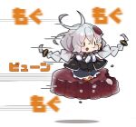  1girl :t absurdres antenna_hair bangs between_legs black_dress black_jacket braid breasts brown_eyes chibi closed_mouth collared_shirt commentary_request dress eating grey_hair hair_between_eyes hand_between_legs highres jacket kizuna_akari large_breasts long_hair long_sleeves milkpanda minigirl motion_blur open_clothes open_jacket orange_pantyhose pantyhose puffy_long_sleeves puffy_sleeves seiza shadow shirt simple_background sitting solid_oval_eyes solo speed_lines translation_request twin_braids twintails very_long_hair voiceroid white_background white_shirt 