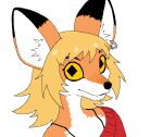  anthro black_eyebrows black_nose blonde_hair bra_straps canid canine cerebropodrido clothing colored diamond_pupils dipstick_ears ear_piercing ear_ring eyebrows female fox fur hair inner_ear_fluff looking_at_viewer mammal mouth_closed multicolored_ears orange_body orange_fur piercing pupils ring_piercing shirt simple_background solo topwear tuft unusual_pupils white_body white_fur yellow_sclera 