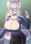  anthro big_breasts bottomwear breasts canid canine canis chalk chalkboard cleavage clothed clothing eyewear female fur glasses hair kiichi long_hair long_tail mammal neck_tuft purple_eyes skirt solo standing teacher tuft watermark white_body white_fur white_hair wolf 