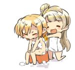  2girls blonde_hair blush_stickers brown_hair character_request chibi closed_eyes full_body long_hair love_live! love_live!_school_idol_project minami_kotori mota multiple_girls nude one_side_up open_mouth short_hair simple_background sitting smile soap_bubbles towel white_background 