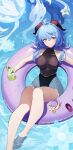  1girl absurdres ahoge alternate_costume arm_rest bare_arms bare_legs bare_shoulders barefoot black_swimsuit blue_hair blush closed_mouth day drink floating_hair flower foot_out_of_frame from_above ganyu_(genshin_impact) genshin_impact goat_horns groin hair_between_eyes highleg highleg_swimsuit highres holding holding_drink horns innertube leaning_back looking_at_viewer one-piece_swimsuit outdoors partially_submerged ponytail pool purple_eyes qingxin_flower sitting smile solo swimsuit tropical_drink turtleneck water water_drop wellsy white_flower wide_hips 
