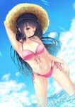  1girl absurdres armpits black_hair blue_eyes blush braid breasts hat highres long_hair looking_at_viewer makinohara_shouko medium_breasts navel one_eye_closed pink_swimsuit seishun_buta_yarou smile someiya straw_hat swimsuit teasing tongue tongue_out wading 