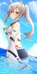  1girl absurdres ayanami_(azur_lane) azur_lane bandaid bandaid_on_arm bangs bare_shoulders blonde_hair blue_sailor_collar blue_skirt blush breasts closed_mouth commentary_request crop_top detached_sleeves from_side highres in_water long_sleeves looking_at_viewer midriff noko32 pleated_skirt ponytail sailor_collar shirt sidelocks skirt solo standing underboob wet white_shirt wide_sleeves yellow_eyes 