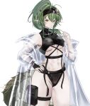  1girl absurdres arknights bangs bare_shoulders bikini black_bikini breasts coat commentary cowboy_shot crocodilian_tail gavial_(arknights) green_hair groin hand_up highres long_hair looking_at_viewer medium_breasts mou_pl navel off_shoulder official_alternate_costume open_clothes open_coat pointy_ears pouch see-through simple_background solo standing stomach swimsuit tail thigh_strap thighs visor_cap white_background yellow_eyes 