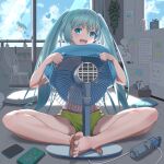  1girl aqua_eyes aqua_hair bangs barefoot blush clothes_lift electric_fan full_body hatsune_miku indian_style lifted_by_self long_hair looking_at_viewer lotus_position open_mouth shirt_lift short_shorts shorts sitting twintails vocaloid yukichi_(yu-ame) 