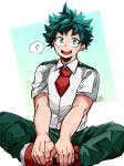  ! 1boy absurdres boku_no_hero_academia butterfly_sitting commentary_request freckles green_eyes green_hair green_pants hands_on_feet highres kai2_ly male_focus midoriya_izuku necktie open_mouth pants red_footwear red_necktie school_uniform shirt shoes short_hair short_sleeves simple_background sitting smile solo spoken_exclamation_mark u.a._school_uniform white_background white_shirt 