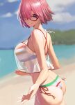  1girl absurdres ass bare_arms bare_shoulders beach bikini black-framed_eyewear blurry blurry_background breasts cowboy_shot day depth_of_field eyes_visible_through_hair fate/grand_order fate_(series) from_side glasses hair_over_one_eye highres large_breasts looking_at_viewer looking_to_the_side mash_kyrielight mash_kyrielight_(swimsuit_of_perpetual_summer_ver.02) multicolored_bikini multicolored_clothes outdoors outstretched_hand parted_lips pink_hair purple_eyes red_ribbon ribbon rororo see-through short_hair side-tie_bikini smile solo swimsuit 