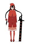  1girl akazukin_(tokyo_akazukin) belt black_eyes black_hair bow braid capelet coat full_body hair_between_eyes hair_bow hood hood_up long_hair mary_janes multiple_belts red_bow red_capelet red_coat red_footwear red_hood shoes simple_background smile solo standing sword tamaoki_benkyou tokyo_akazukin twin_braids weapon white_background 