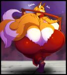  2022 absurd_res anthro asaneman big_butt breasts butt canid canine clothing digital_media_(artwork) dipstick_tail dragon_ball dragon_ball_super female fingers fox hi_res huge_butt liquiir looking_at_viewer looking_back looking_back_at_viewer mammal markings multi_tail rear_view solo tail_markings torn_clothing 