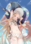  1girl abigail_williams_(fate) abigail_williams_(swimsuit_foreigner)_(fate) aqua_eyes armpit_peek arms_behind_head arms_up bangs bikini black_cat black_shirt blonde_hair blue_sky bow bowtie braid cat closed_mouth cloud cloudy_sky cowboy_shot day fate/grand_order fate_(series) flat_chest frilled_bikini frills from_below furisuku groin highres holding holding_clothes holding_shirt innertube light_particles long_hair looking_at_viewer looking_down navel outdoors parted_bangs ribs shirt single_braid sky solo swimsuit thighs white_bikini white_bow white_bowtie 