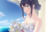  1girl absurdres aobategolove armpit_crease black_hair blue_eyes blush bouquet boutonniere braid breasts dress earrings flower hair_bun highres jewelry makinohara_shouko medium_breasts pearl_earrings scar scar_on_chest seishun_buta_yarou smile wedding wedding_dress white_flower 