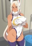  1girl absurdres animal_ear_fluff animal_ears arm_between_breasts between_breasts blurry blurry_background boku_no_hero_academia breasts commentary_request cowboy_shot dark-skinned_female dark_skin eyelashes fur_collar gloves highleg highres large_breasts leotard long_hair looking_at_viewer minakami_(flyingman555) mirko multicolored_leotard naughty_face navel puffy_nipples purple_leotard purple_thighhighs rabbit_ears rabbit_girl red_eyes skin_tight skindentation smile solo thighhighs thighs v-shaped_eyebrows white_gloves white_hair white_leotard 