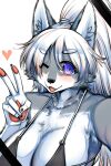  &lt;3 5_fingers anthro big_breasts bikini bikini_top black_bikini black_bikini_top black_clothing black_swimwear breasts canid canine canis cheek_tuft chest_tuft claws clothed clothing digital_media_(artwork) facial_tuft fangs female female_anthro fingers fur gesture grey_body grey_fur hair hi_res jewelry long_hair looking_at_viewer mammal necklace okami_bark one_eye_closed ookamiwaho open_mouth pawpads ponytail purple_eyes selfie simple_background smile solo swimwear teeth tongue tuft v_sign white_body white_fur white_hair wink wolf 
