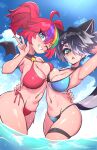  animal_humanoid bebatch bikini breast_size_difference breast_squish breasts breasts_frottage cleavage clothed clothing duo female gesture hair hair_over_eye hi_res humanoid mammal mammal_humanoid one_eye_closed one_eye_obstructed procyonid procyonid_humanoid raccoon_humanoid red_hair side-tie_bikini squish swimwear v_sign water winged_humanoid wings wink 
