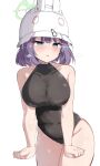 1girl absurdres bare_arms black_swimsuit blue_archive blue_eyes blush breasts collarbone covered_collarbone covered_navel cowboy_shot doldol_(rkwowlqrp) halo helmet highres large_breasts looking_at_viewer one-piece_swimsuit purple_hair saki_(blue_archive) short_hair simple_background solo sweat swimsuit white_background 