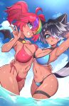  animal_humanoid bebatch bikini breast_size_difference breast_squish breasts breasts_frottage cleavage clothed clothing duo female gesture hair hair_over_eye hi_res humanoid mammal mammal_humanoid one_eye_closed one_eye_obstructed procyonid procyonid_humanoid raccoon_humanoid red_hair side-tie_bikini squish swimwear v_sign water winged_humanoid wings wink 