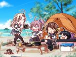  4girls :d :o ahoge aoba_(kancolle) beach blush brown_hair camera closed_eyes cooking_pot cooler cup drooling frying_pan furutaka_(kancolle) green_footwear hairband kako_(kancolle) kantai_collection kinugasa_(kancolle) kutone_shirika log mug multiple_girls neckerchief octopus one_eye_closed open_mouth outdoors pink_hair ponytail school_uniform serafuku shoes sitting_on_log skirt sleeping sleeping_bag smile table tent thighhighs tree yakiniku yellow_footwear 