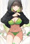  1girl bandaid bandaid_on_leg black_hoodie blue_nails bra breasts brown_eyes brown_hair cleavage closed_mouth clothes_lift cushion earrings green_bra green_panties highres hood hoodie jewelry large_breasts lifted_by_self looking_at_viewer mole mole_on_thigh mole_under_eye navel nintendo_switch no_pants original ormille panties sitting solo stomach sweater sweater_lift thighs underwear 