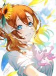  1girl a_song_for_you!_you?_you! bangs birthday blue_eyes breasts commentary flower grin hair_flower hair_ornament highres kousaka_honoka looking_at_viewer love_live! love_live!_school_idol_project medium_breasts one_side_up orange_hair petals shinonome_neko-tarou short_hair sidelocks signature smile solo sunflower_hair_ornament upper_body white_background 