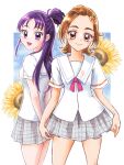  2girls back breasts closed_eyes flower forehead fujisaki_star futari_wa_precure_splash_star grey_skirt hair_flower hair_ornament hairclip hyuuga_saki lips looking_back mishou_mai multiple_girls open_mouth orange_hair plaid plaid_skirt ponytail precure purple_eyes purple_hair school_uniform shirt short_hair short_sleeves skirt small_breasts smile sunflower white_background white_shirt yuunagi_middle_school_uniform 