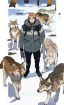  1boy ahoge alternate_costume america_(hetalia) animal axis_powers_hetalia black_footwear blonde_hair blue_eyes coat forest from_above glasses hand_in_pocket holding littleb623 looking_at_viewer looking_up male_focus nature rope shiny shiny_hair smile snow solo_focus tree wolf 