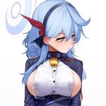  1girl ako_(blue_archive) areola_slip bangs bell blue_archive blue_coat blue_eyes blue_hair blue_hairband blush breast_milk breasts coat commentary cowbell ear_blush english_commentary hair_between_eyes hairband halo lactation lactation_through_clothes leash looking_away milk neck_bell no_bra red_ribbon ribbon sideboob simple_background solo suitshark white_background 