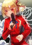  1girl :o bangs belt blonde_hair breasts bullet_trail buttons clenched_hand cloud cruzango0510 dot_nose film_grain flaming_eye gun hair_ribbon handgun holding holding_gun holding_weapon light_blush long_sleeves looking_at_viewer lycoris_recoil medium_breasts medium_hair nishikigi_chisato outline parted_lips red_belt red_eyes red_ribbon red_shirt ribbon shirt solo uniform upper_body weapon 