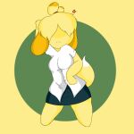  angry animal_crossing anthro clothed clothing female fur green_background hi_res isabelle_(animal_crossing) nintendo pose potatowithout provocative raised_arm simple_background solo video_games work_uniform yellow_background yellow_body yellow_fur 