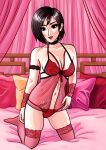  1girl absurdres ada_wong bed black_hair brown_eyes collar full_body highres jf_illustration kneeling lingerie lipstick looking_at_viewer makeup midriff open_mouth pillow red_lips resident_evil see-through short_hair smile solo underwear 