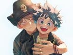  2boys :d ascot bakugou_katsuki blonde_hair blush boku_no_hero_academia bracelet collared_jacket commentary dot_nose freckles green_eyes green_hair happy hat highres hug hug_from_behind jewelry looking_at_viewer male_focus midoriya_izuku multiple_boys official_alternate_costume open_mouth parted_lips pirate pirate_hat red_eyes ring sanpaku short_hair simple_background skull_print smile spiked_hair symbol-only_commentary teeth tricorne uni_ssansyo upper_body upper_teeth v-shaped_eyebrows white_ascot white_background 