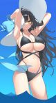  1girl armpits arms_behind_head ass_visible_through_thighs bikini black_bikini black_hair blush bow breasts cleavage closed_mouth collarbone hat highres huge_breasts long_hair midriff myao_(o3o333) navel original solo swimsuit wading water yellow_eyes 