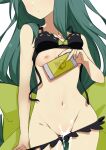  1girl black_bra black_panties bra bra_lift cum gatchaman_crowds green_hair groin head_out_of_frame highres holding long_hair miya_utsutsu morisobo navel nipples one_breast_out panties panty_pull simple_background solo underwear very_long_hair white_background 