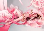  1girl bare_legs bra bra_tug brown_hair character_request cony_(comicsun) floating floral_background grey_background hair_ornament jian_xia_qing_yuan_(series) jian_xia_qing_yuan_online_3 long_hair looking_at_viewer lying on_back pink_bra red_nails teeth underwear 