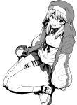  1boy absurdres bar_censor bridget_(guilty_gear) censored flaccid full_body greyscale grin guilty_gear guilty_gear_strive habit hair_between_eyes highres hood hoodie kaauchi long_hair looking_at_viewer male_focus monochrome open_clothes open_hoodie otoko_no_ko penis shirt shoes simple_background sitting skirt sleeves_past_wrists smile sneakers solo wariza white_background 