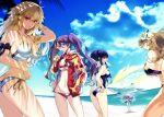  4girls archetype_earth ass beach bikini blonde_hair blue_sky breasts fairy_knight_gawain_(fate) fairy_knight_lancelot_(fate) fate/grand_order fate_(series) glasses gold_trim hair_intakes horns huge_breasts ishida_akira jacket large_breasts multiple_girls muscular muscular_female ocean purple_hair red_eyes sand sion_eltnam_atlasia sky slingshot_swimsuit swimsuit white_bikini white_hair yacht 