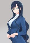  1girl ascot bakusai blue_hair blue_jacket blue_skirt breasts business_suit collared_shirt delicious_party_precure formal fuwa_hatsuko green_eyes grey_background hair_between_eyes jacket large_breasts lips long_hair long_sleeves looking_at_viewer office office_lady open_clothes open_jacket pencil_skirt precure shirt skirt skirt_suit solo suit wavy_hair white_shirt 