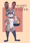  anthro areola basket bow_tie breasts clothed clothing container disney easter english_text female fur genitals grey_body grey_fur hi_res holding_object holidays judy_hopps lagomorph legwear leporid looking_at_viewer mammal mostly_nude nipples purple_eyes pussy qupostuv35 rabbit simple_background smile smiling_at_viewer solo text zootopia 