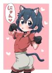 1girl :p animal_ear_fluff animal_ears black_eyes black_gloves black_hair black_pantyhose black_undershirt blush cat_ears cat_girl cat_tail collarbone commentary_request cowboy_shot extra_ears from_side gloves grey_shorts heart highres kaban_(kemono_friends) kemono_friends kemonomimi_mode legwear_under_shorts looking_at_viewer looking_back nekonyan_(inaba31415) no_headwear pantyhose paw_pose pink_background red_shirt shirt short_hair short_sleeves shorts solo standing t-shirt tail tongue tongue_out translated 