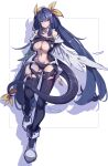  1girl absurdres angel_wings arms_behind_back asymmetrical_wings bangs belt black_panties black_thighhighs blue_hair breasts center_opening cleavage collarbone commentary detached_sleeves dizzy_(guilty_gear) feathers full_body guilty_gear guilty_gear_x guilty_gear_xx hair_between_eyes hair_ribbon hair_rings highres huanxiang_huifeng large_breasts long_hair long_sleeves looking_at_viewer monster_girl navel panties puffy_long_sleeves puffy_sleeves pulled_by_self red_eyes ribbon shadow sidelocks simple_background skindentation solo stomach symbol-only_commentary tail tail_ornament tail_ribbon thick_thighs thigh_gap thigh_strap thighhighs thighs twintails underboob underwear wings yellow_ribbon 