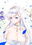  1girl absurdres azur_lane bangs bare_arms bare_shoulders belfast_(azur_lane) belfast_(the_pledge_of_claddagh)_(azur_lane) blue_eyes breast_hold breasts bridal_veil broken broken_chain chain cleavage closed_mouth collar collarbone commentary dress earrings flower hair_ribbon highres huge_breasts jewelry long_hair official_alternate_costume parted_bangs petals pnatsu purple_flower purple_rose ribbon rose simple_background smile solo star_(symbol) star_earrings symbol-only_commentary tiara tress_ribbon upper_body veil white_background white_dress white_flower white_hair 