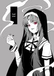  1girl bags_under_eyes bandages bandaid bandaid_on_cheek bandaid_on_face bangs cigarette dress facial_mark forehead_mark god-ish_(vocaloid) greyscale habit hatsune_miku highres holding holding_cigarette jiuyesang long_hair looking_at_viewer monochrome nail_polish red_eyes short_sleeves simple_background smoke smoking solo spot_color tongue tongue_out upper_body very_long_hair vocaloid 