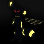  black_body black_fur dark dark_body darkness dialogue eeveelution elegant female feral fur glowing glowing_body glowing_eyes hi_res kind lilith_the_umbreon nintendo open_mouth paws pok&eacute;mon pok&eacute;mon_(species) protective raised_paw red_eyes simple_background solo solo_focus talking_to_viewer terathefox_(artist) umbreon video_games 
