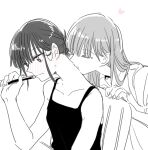  118hammer 2girls blush closed_eyes closed_mouth collarbone commentary_request heart light_blush multiple_girls neck_blush nib_pen_(object) original parted_lips pen simple_background sitting sweatdrop white_background yuri 