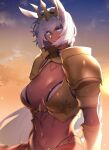  1girl animal_ears armor blue_eyes body_markings breasts caenis_(fate) crown dark-skinned_female dark_skin fate/grand_order fate_(series) gold_armor highres horse_ears looking_at_viewer navel pauldrons revealing_clothes sabamori short_hair shoulder_armor sky solo stomach sunset tattoo upper_body white_hair 